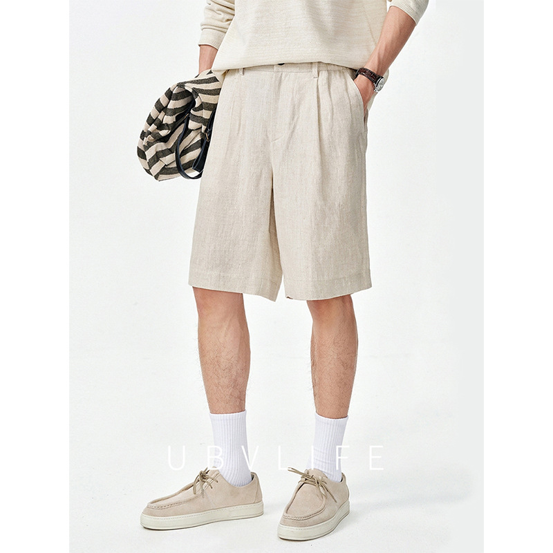 Old Qian Feng Pure Linen Single Pleated Loose Fit Men's Summer New Commuting Casual Breathable Sports Shorts