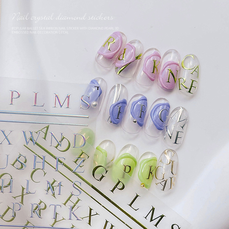 Pegatinas para uñas, nuevas y modernas, letras francesas en relieve, lámina dorada en relieve, pegatinas huecas para decoración de uñas, estilo fresco y de alta gama