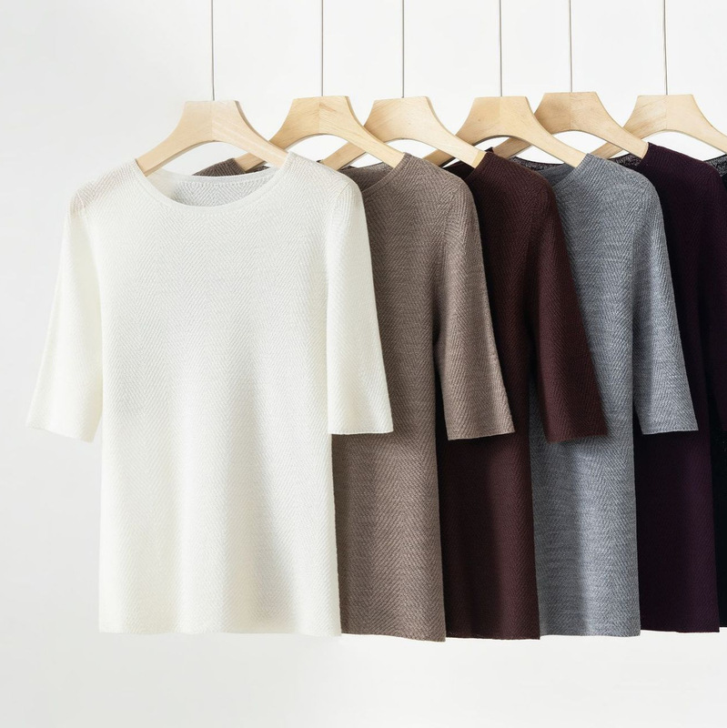 18-gauge 60-count 100% wool Yangzi yarn round-neck herringbone pattern fine-knit wool mid-sleeve women's sweater for early autumn, thin style 18-gauge 60-count 100% wool Yangzi yarn round-neck herringbone pattern fine-knit wool mid-sleeve women's sweater for early autumn, thin style