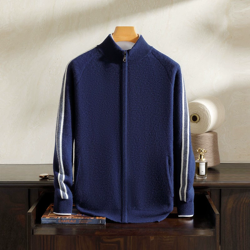 Осенний и зимний новый 100 кашемировый свитер с воротником мужской кардиган спортивный стиль для отдыха полосатый жаккардовый свитер