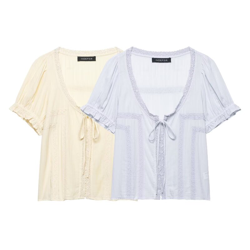 Pb&Za Women's Clothing 2026 Spring New Style French Deep V-Neck Lace-Up Embroidered Tulle Short-Sleeved Shirt 0881013