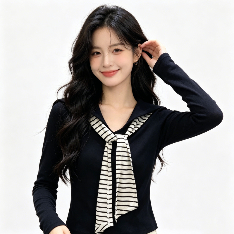 2026 College Style White Navy Collar Faux Two-Piece Long Sleeve T-Shirt for Women, Early Autumn Slim Fit Striped Tie-Neck Top