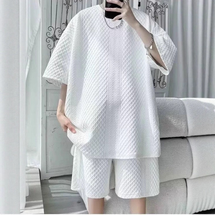 American-Style Sports Short-Sleeved Shorts Two-Piece Casual Outfit with a Matching Suit for Men, Summer Youth Waffle-Style