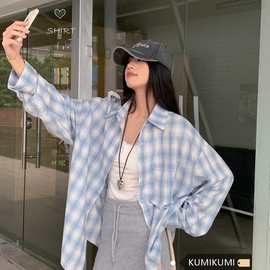 2024格纹衬衫女春夏美式学院宽松百搭格子上衣长袖防晒衬衣外套薄
