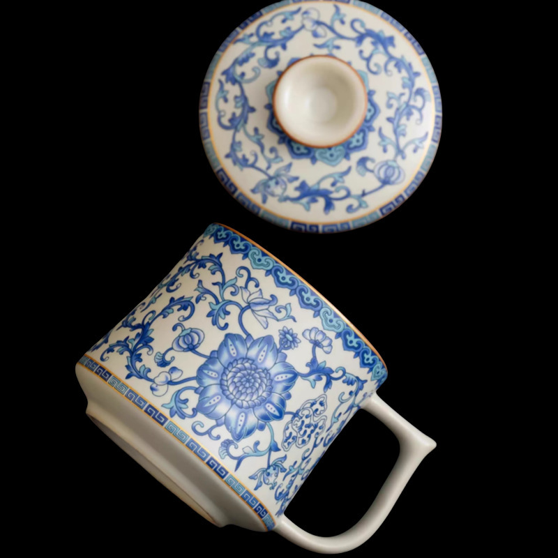 缠枝莲米黄汝窑茶杯过滤办公杯茶水分离杯个人专用高档水杯伴手礼|undefined