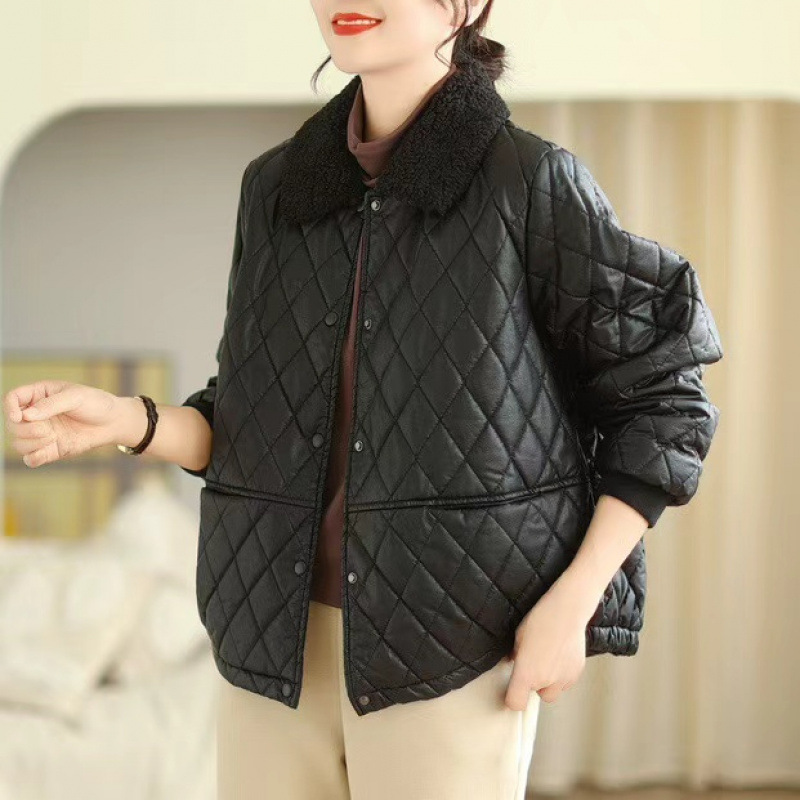 菱格pu加绒皮衣外套女冬季加厚保暖秋冬新款翻毛领盘扣棉袄棉服
