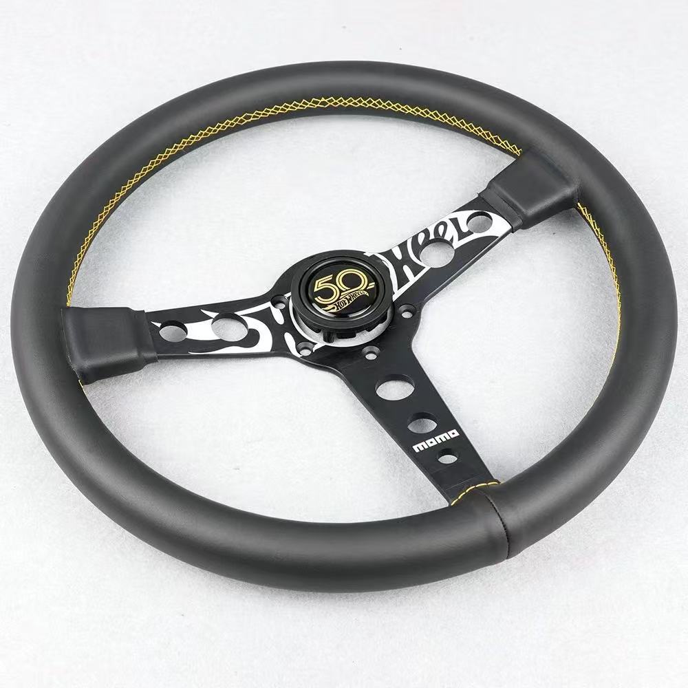 New MOMO 50th Anniversary Genuine Leather Car Modified Racing Steering Wheel 14inch Matte Leather Universal Quick-Release Steering Wheel