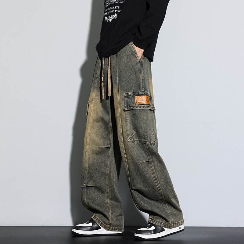 American retro oversized men's jeans for spring and autumn, trendy loose straight-leg plus-size workwear pants American retro oversized men's jeans for spring and autumn, trendy loose straight-leg plus-size workwear pants