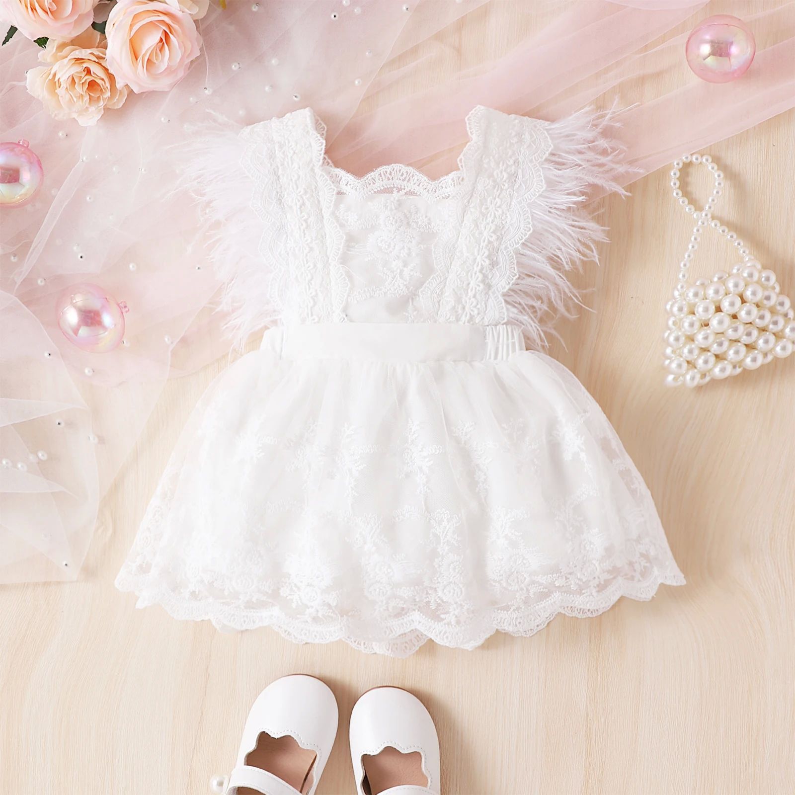 [Baby Girl Spring And Autumn Feather Dress Summer Lace Prince]