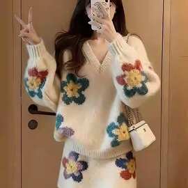 亚马逊1688韩风chic慵懒松弛感风v领针织衫短裙两件套装冬季休闲