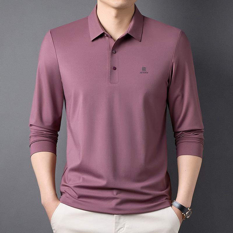 Spring and Autumn Men's T-Shirt for Young and Middle-Aged Business New Polo Shirt Long-Sleeve Turn-Down Collar Solid Color Trendy Dropshipping