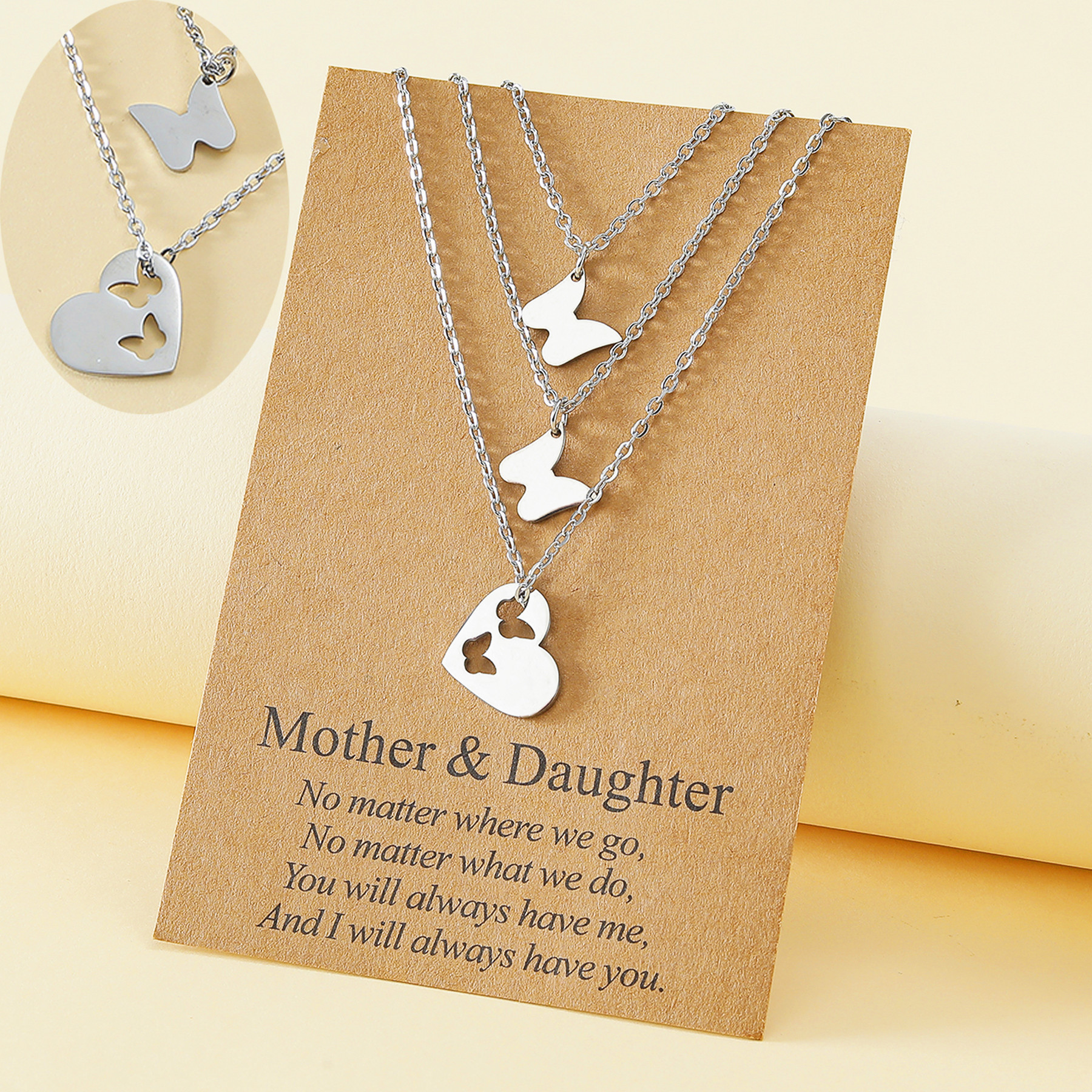 17g Weight Pendant Necklace Classification cable chain Chain Type Fashion Mama Butterfly Stainless Steel Polishing Hollow Out Pendant Necklace 3 Piece Set