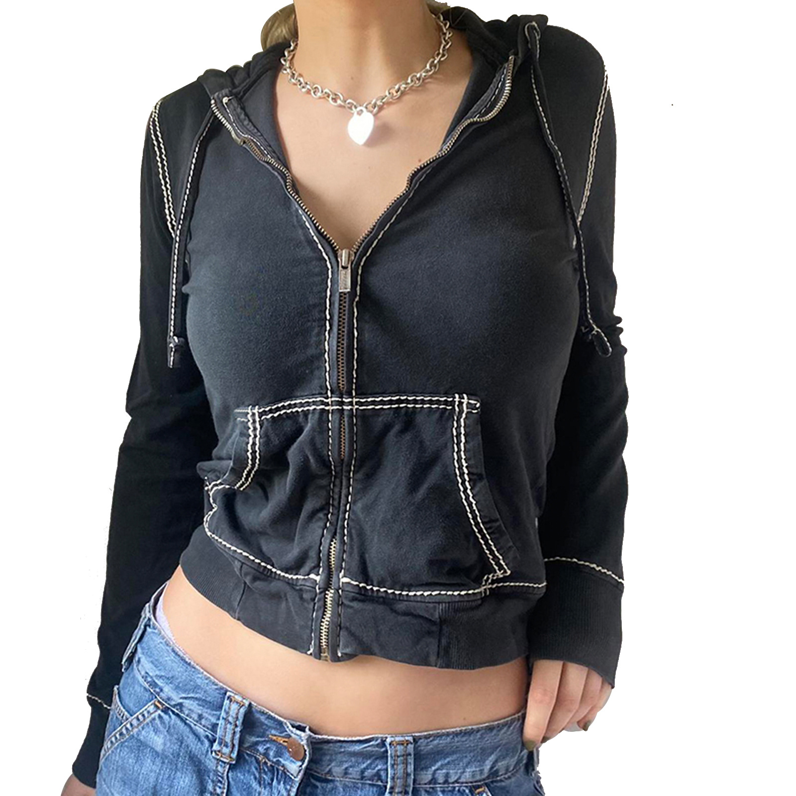 Abrigo de suéter con capucha de las mujeres europeas y Americanas Otoño e Invierno Nuevos deportes casual cardigan cremallera casual corto Top SU3079