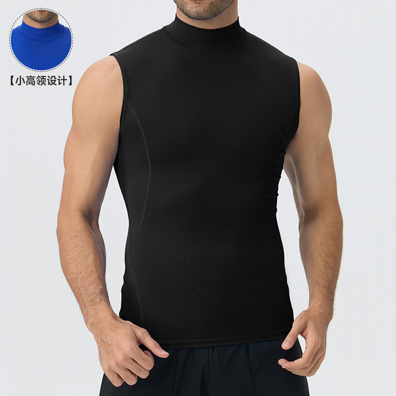 Men's high-neck, sleeveless, athletic, tight-fitting, stretchy, moisture-wicking, quick-drying, fitness, running, and training base layer top