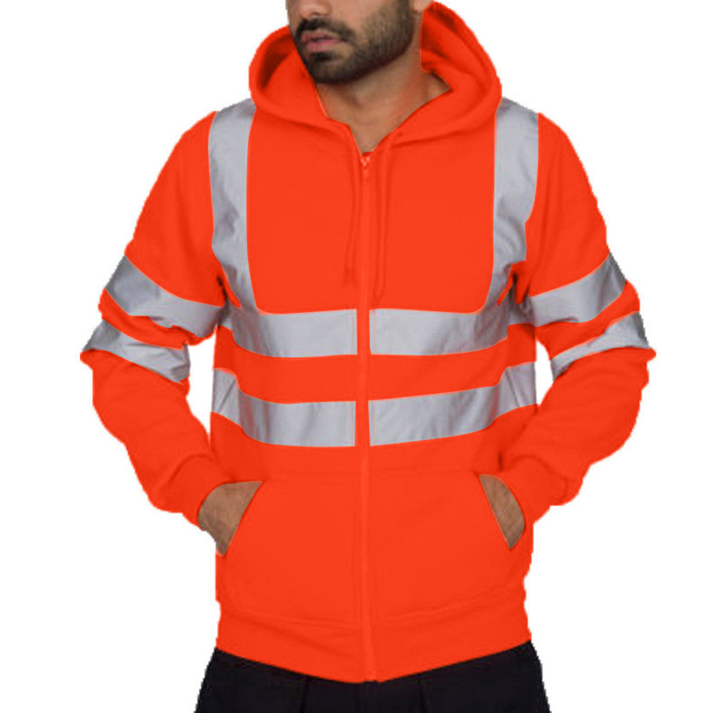 Men's Clothing reflective strip plus velvet sweatshirt outdoor sanitation work clothes zipper hooded color matching sweatshirt jacket_voghion.com