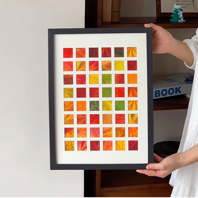 Fall Leaf Photo Frame with 48 Slots for Leaf Specimens, DIY 36-Grid Autumn Leaf Frame, Handmade Wooden Collection Frame
