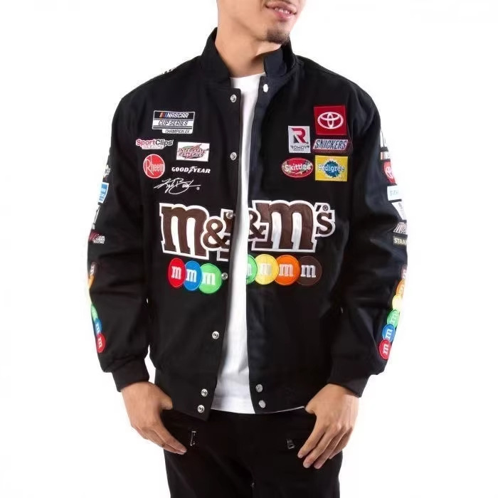 Cross-Border Independent Site American Retro M&M Bean Print Racing Jacket Baseball Jacket Printed Color-Block Streetwear Jacket