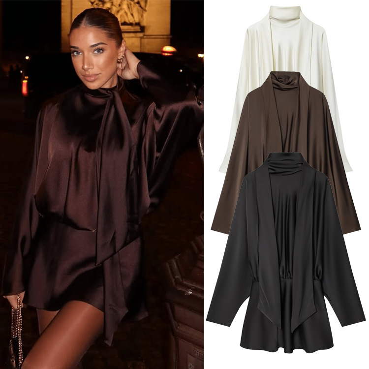 Cross-Border European and American Women's Fashion New Silk Satin Texture Scarf Collar Long-Sleeve Slim Short Dress for Women in a Fashionable Socialite Style Cross-Border European and American Women's Fashion New Silk Satin Texture Scarf Collar Long-Sleeve Slim Short Dress for Women in a Fashionable Socialite Style