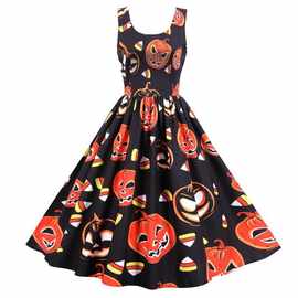 实拍亚马逊万圣节无袖印花收腰显瘦性感吊带大摆连衣裙