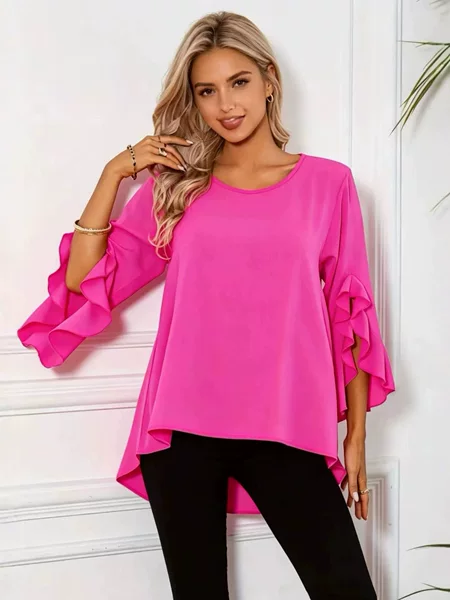 European and American Style Solid Color Ruffle Sleeve Top for Women, Irregular Loose Slimming T-Shirt, Casual Cover-Up for Cross-Border Sales