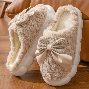 Bow cotton slippers women's winter indoor home warm autumn and winter non-slip fluffy slippers women's winter outdoor wear