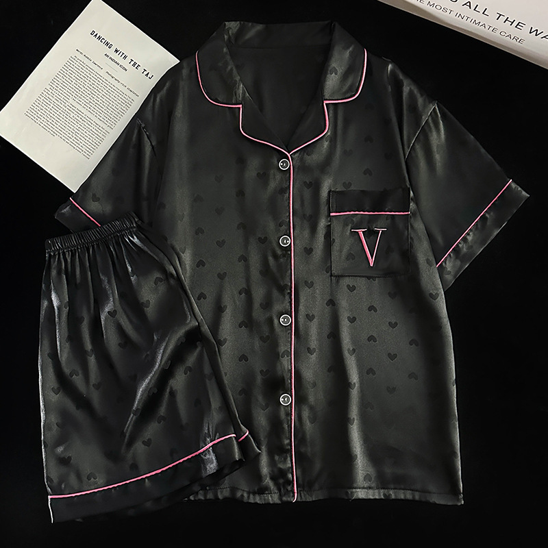 Light Luxury Heart Ins Style Popular Summer Pajamas Women's Short-Sleeved Shorts Ice Silk Jacquard Letter Embroider Home Clothes Light Luxury Heart Ins Style Popular Summer Pajamas Women's Short-Sleeved Shorts Ice Silk Jacquard Letter Embroider Home Clothes