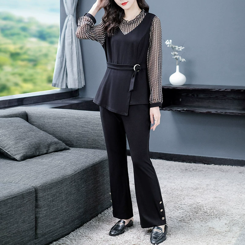 Женский шифоновый жилет больших размеров для женщин среднего и пожилого возраста, на весну и осень, шифоновый жилет с длинными рукавами, приталенный пригородный костюм из двух частей