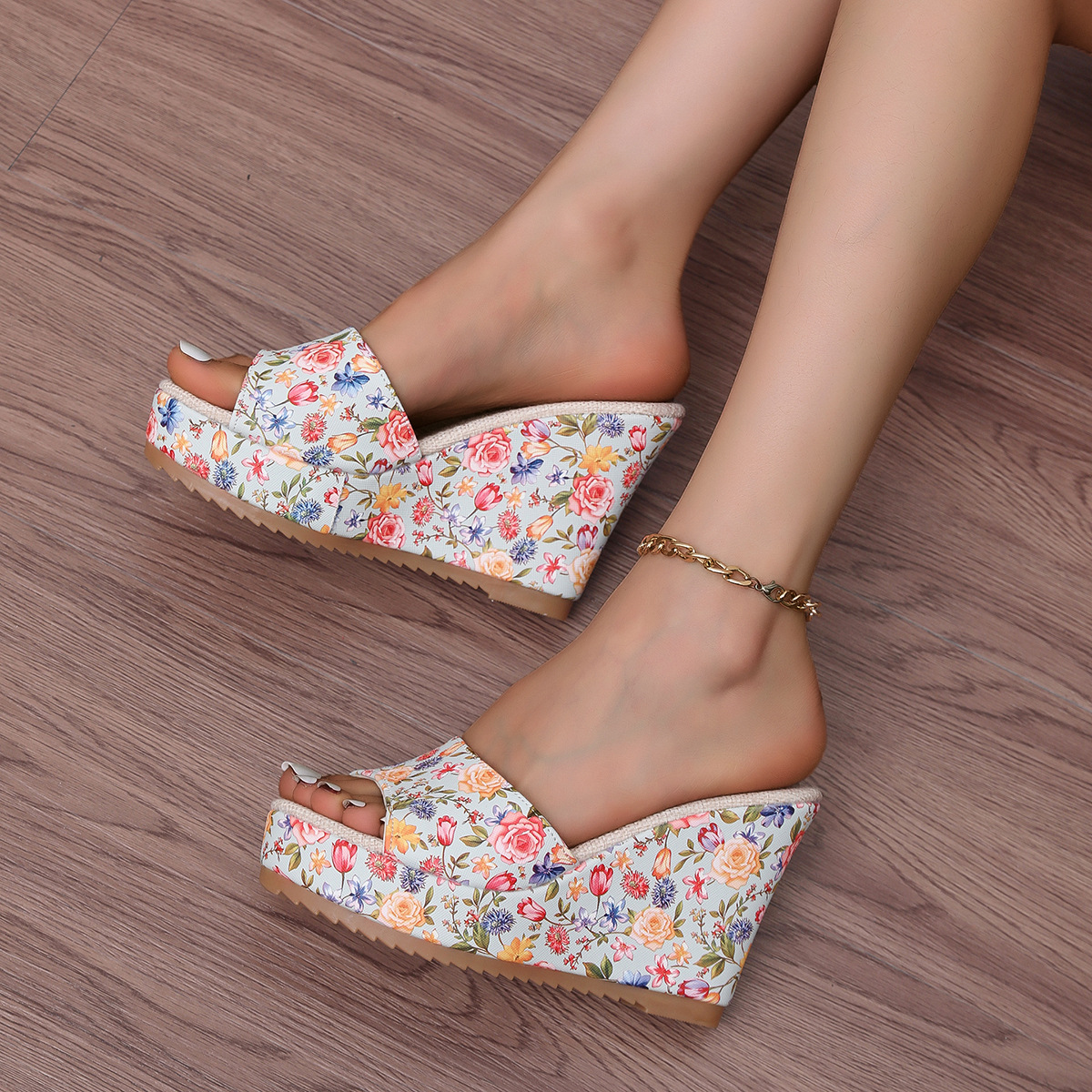 Women's Floral Sandals Summer Peep Toe Wedge Thick Sole European American Style Plus Size Shoes For Outdoor Wear_vogvips.com