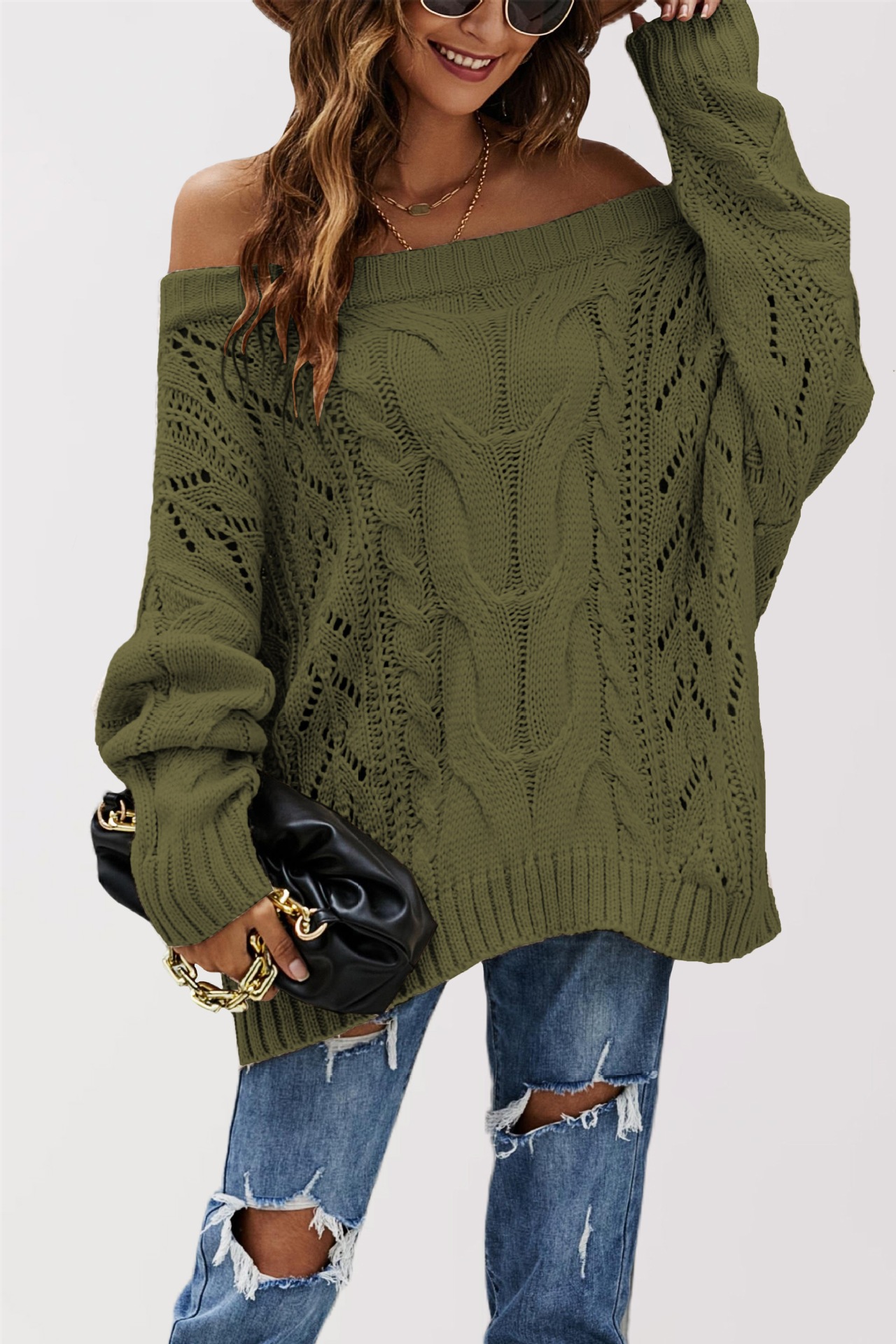 Suéter de punto holgado con hombros descubiertos de talla grande para mujer, estilo europeo y americano, otoño/invierno 2026, suéter tipo jersey de color liso con hombros descubiertos para mujer, ideal para Amazon.