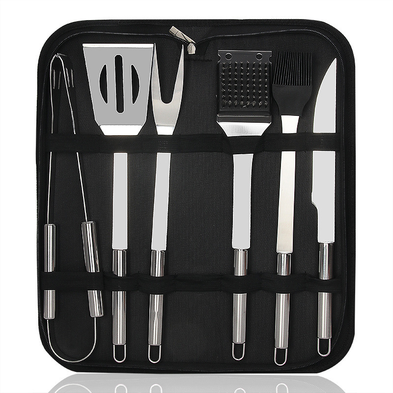 Amazon venta caliente de acero inoxidable herramientas de barbacoa al aire libre bolsa de tela BBQ grill horquilla de horquilla caja de aluminio conjunto de combinación