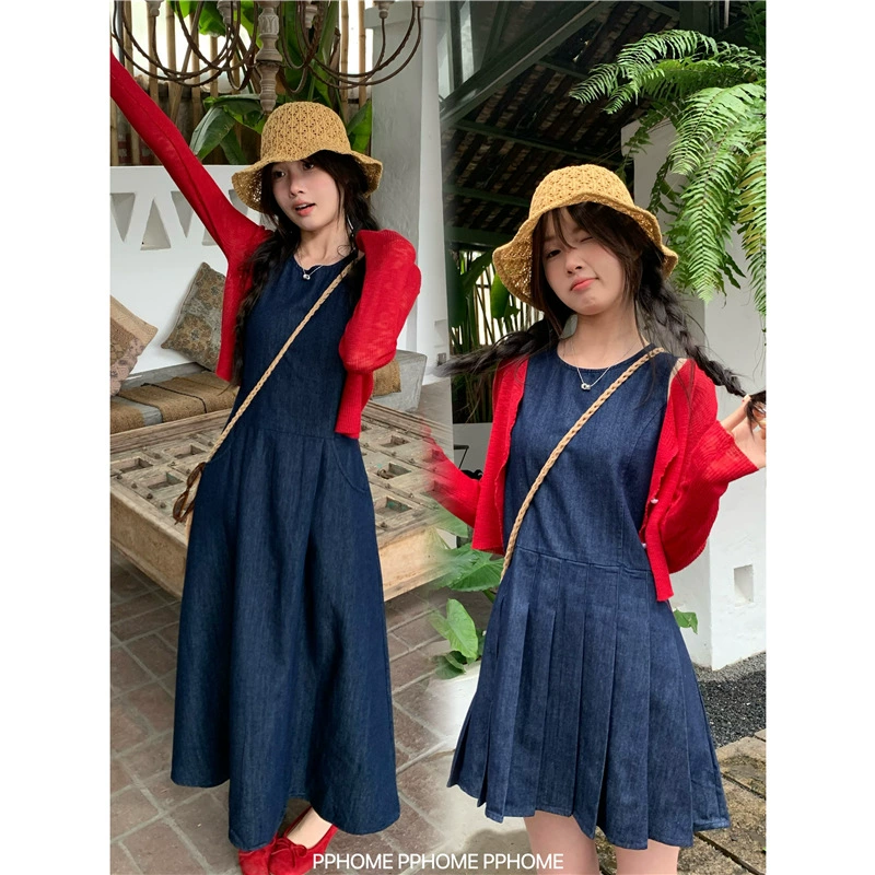 PPHOME домашнее ~ джинсовое платье, белое темно-синее платье-жилет, длинная юбка для похудения талии, плиссированная кукольная юбка