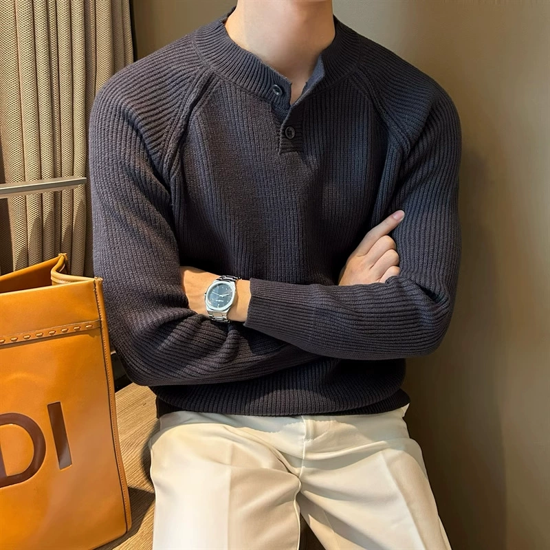 Корейская версия сплошного цвета повседневный свитер мужской осенний и зимний новый пуловер жаккардовый тонкая полоска с воротником Генри нижний трикотаж топ