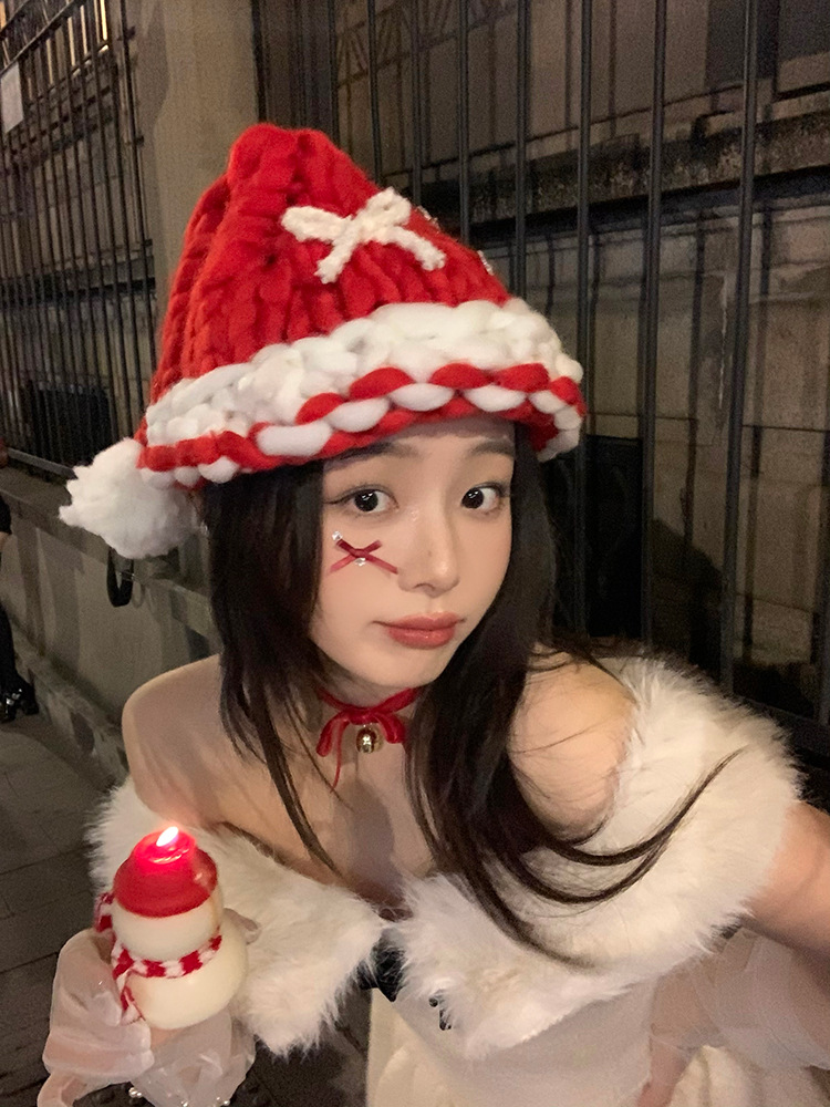 Christmas knit Christmas hat Winter bow woolen hat party photo decorations_voghion.com