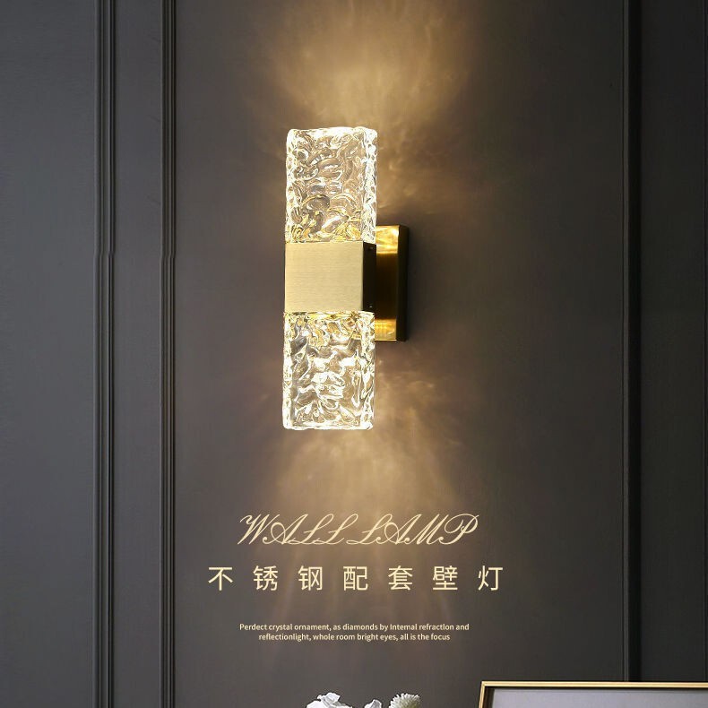 Light Luxury Crystal Wall Lamp for Living Room Background Wall, Simple Modern Bedroom Bedside Charging Lamp, No Wiring Required, Staircase Light for Home Use