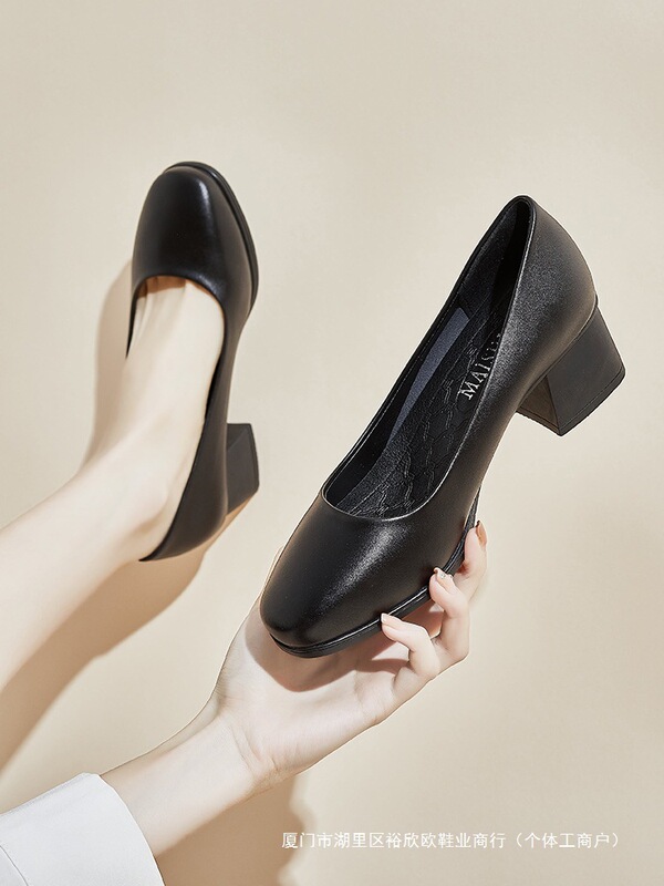 Soft-Soled Flats for Women, Shallow Leather Shoes, Medium Heels, Thick Heels, High Heels, Black Work Shoes, Square Toes, Office Comfort Front Desk