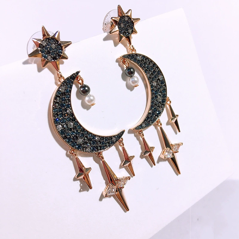 [Новый продукт] Shijia 1:1 серьги Rose Golden Blue Star Moon романтический Звезда Луна жемчужина Liu Su