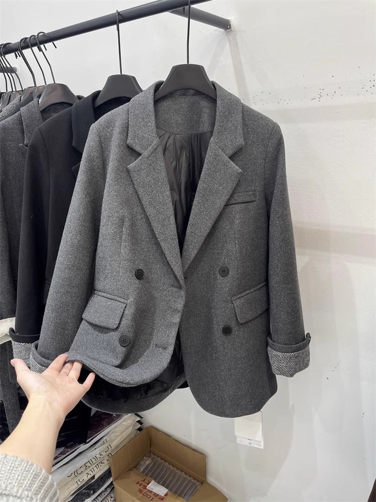 2025 New Korean Style Inner Cotton-Padded Blazer Down Jacket For Women Winter Small Size Rolled Sleeve Elegant Wool Coat_ecoleips.com