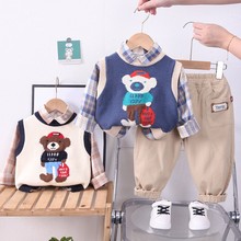 中小童宝宝可爱马甲毛衣童装男童秋装格子衬衣套装三件套一件代发