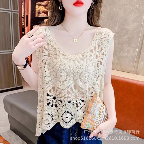 Autumn Ethnic Style Hollow Crochet Floral Fashionable Age-Defying Versatile Unique Design Round Neck Sleeveless Women's Vest Top