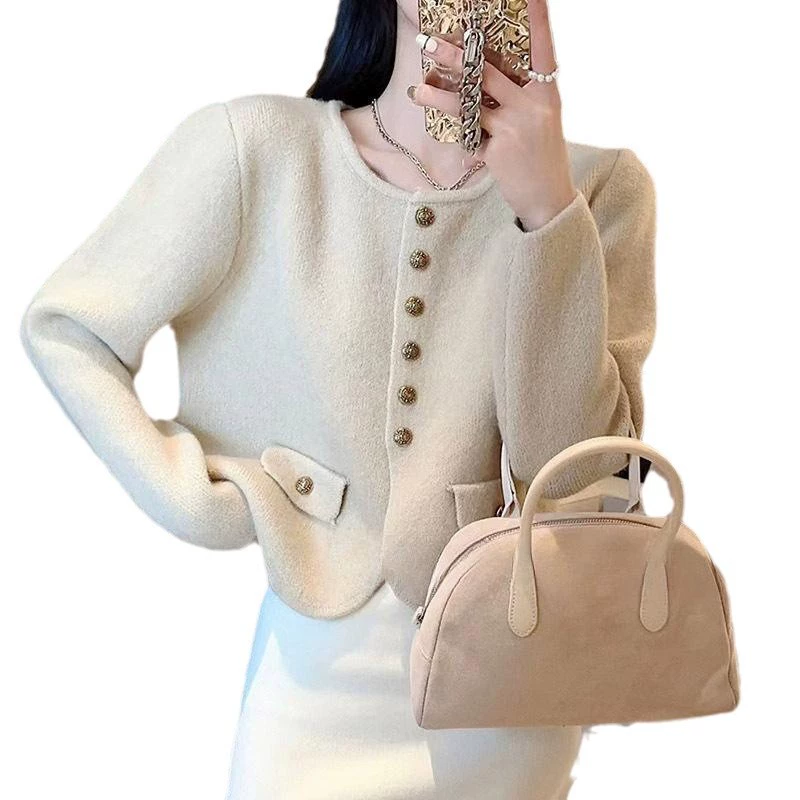 Модный элегантный осенний кардиган, свитер, пиджак, стиль Chanel, круглый воротник, свободный крой