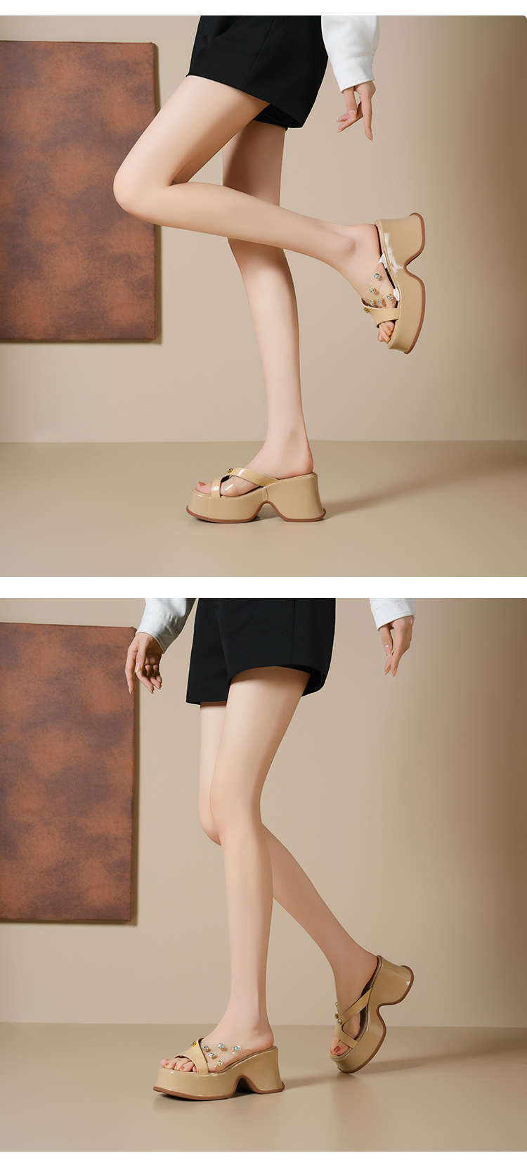 Sandal cao gót nữ đính đá trong suốt quai ngang gót 9cm đế xuồng — Màu đen, Màu trắng be, Màu mơ chi tiết 6