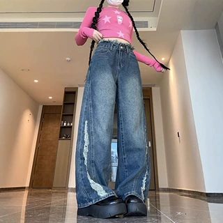 实拍！早春新款设计感复古做旧破洞牛仔裤女新款微胖裤子百搭高腰