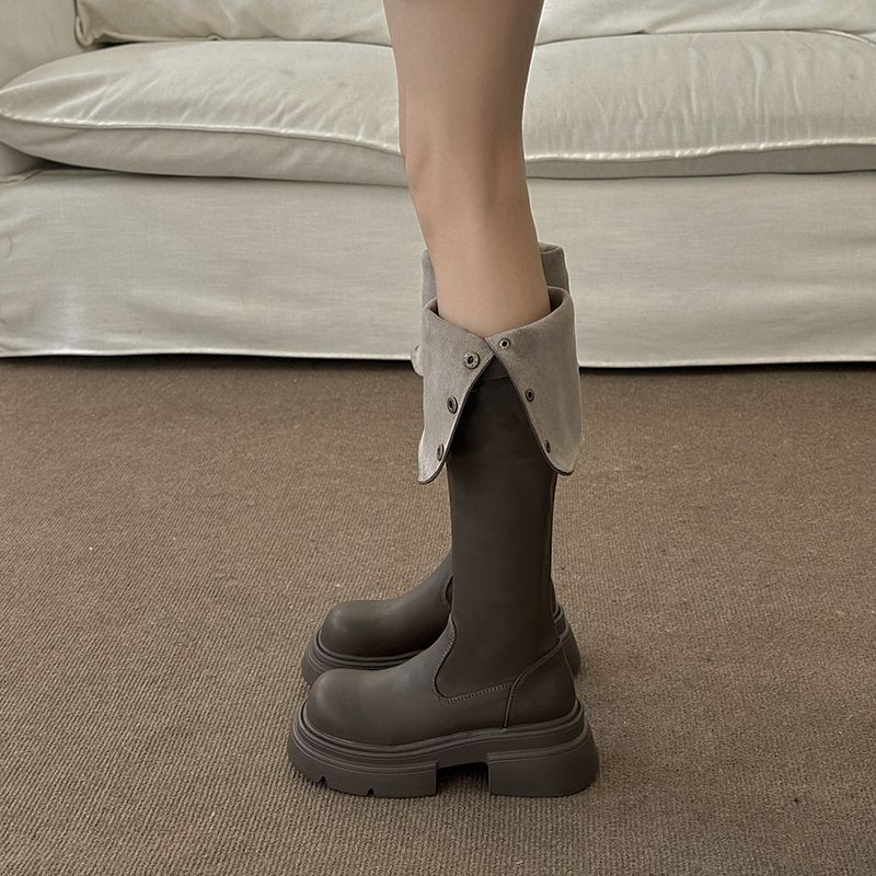 Knielang für Damen im Herbst-Winter, neuer Instagram-Zweiteiler, faltbar, Knight High 2024, kleine Stiefel mit dicken Sohlen_voghion.com