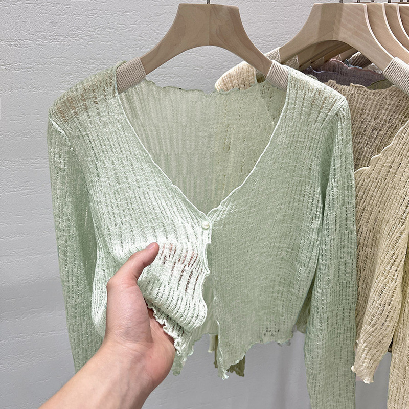 Plus-Size Autumn Knitted Cardigan with Ruffled Edges and Hollow-Out Design, Thin Sun-Protective Outerwear Top