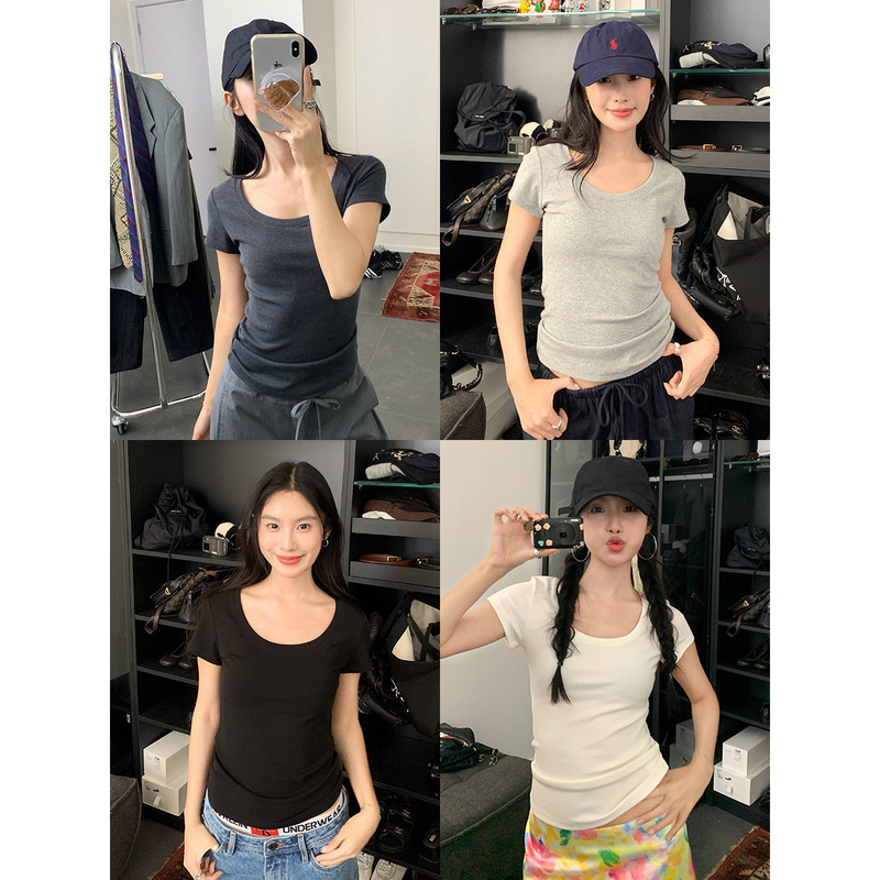 Wholesale U-Neck Slim-Fit Short-Sleeve Women's 2026 Summer New Korean Style T-Shirt Regular Shoulder Base Shirt Foreign Trade Short Top Wholesale U-Neck Slim-Fit Short-Sleeve Women's 2026 Summer New Korean Style T-Shirt Regular Shoulder Base Shirt Foreign Trade Short Top