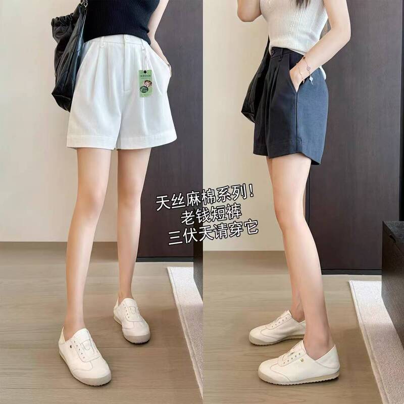 High-End Old Money Style Cotton and Linen Women's Clothing Tencel Linen Pants Casual A-Line Bermuda Outer Wear Wide-Leg Suit Shorts for Women