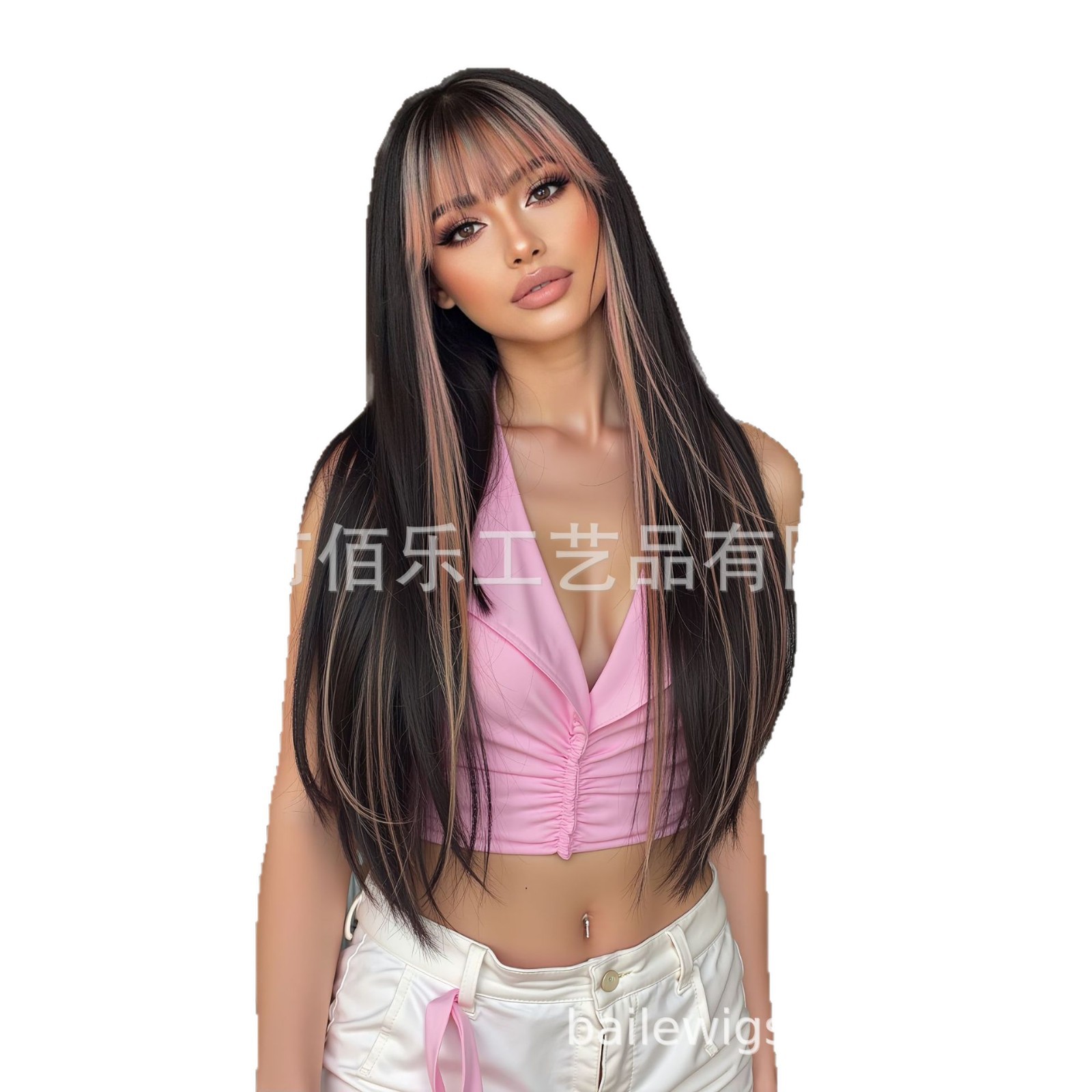 Peruca de mujer toque de cabeza elegido teñido de rosa, cabello recto largo, cabello recto adecuado para el día de fiesta cos wigs