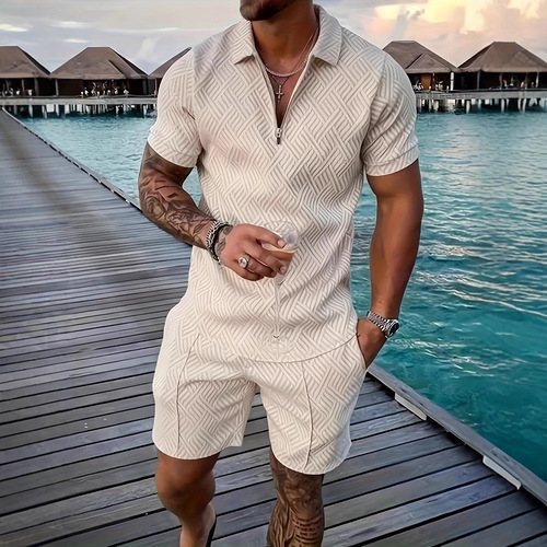 2024 Cross-border European and American Men's Clothing New Independent Store Supply Leisure Polo Zip-up Collar Short-Sleeve Solid Color Set