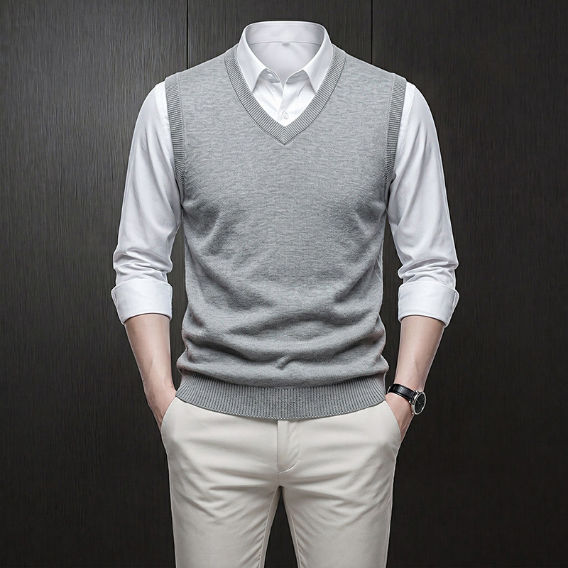 New winter collection for export: men's solid-color, versatile V-neck knitted vest, featuring a heart-shaped neckline