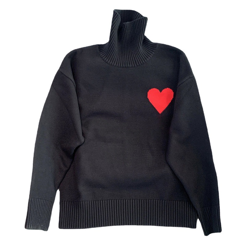 De gama alta AMI pesado Otoño e Invierno amor francés Jacquard hombres y mujeres de cuello alto suelto simple suéter de punto